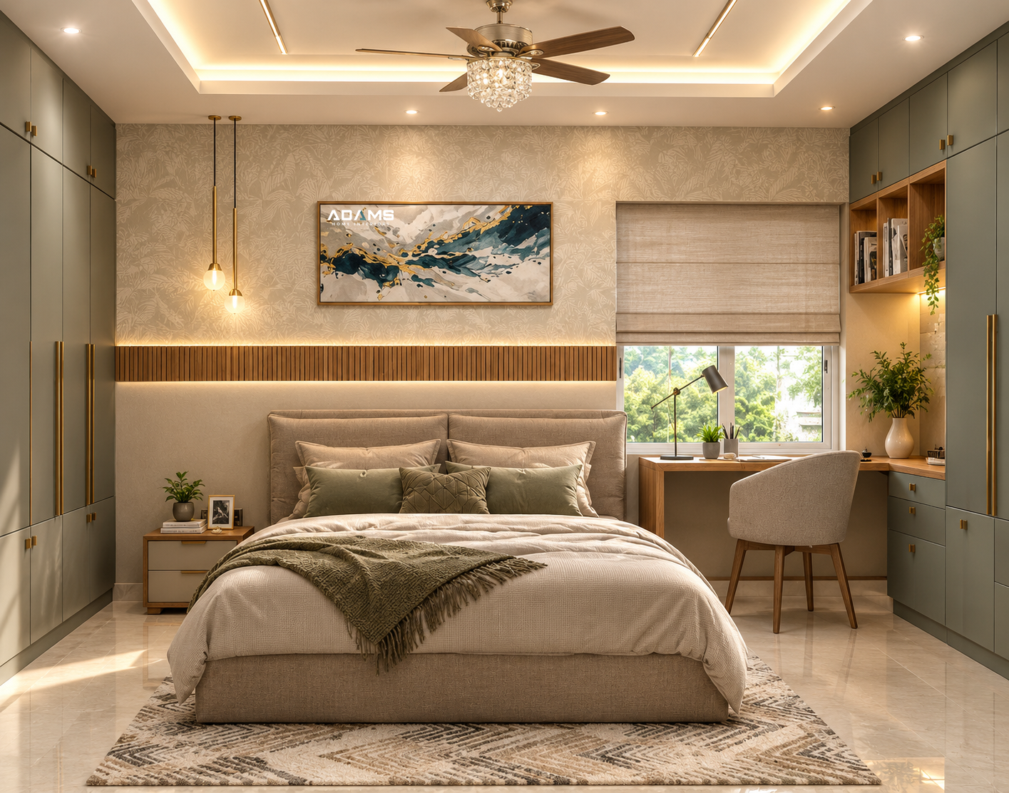Bedroom interior with warm lighting and a fitted study corner