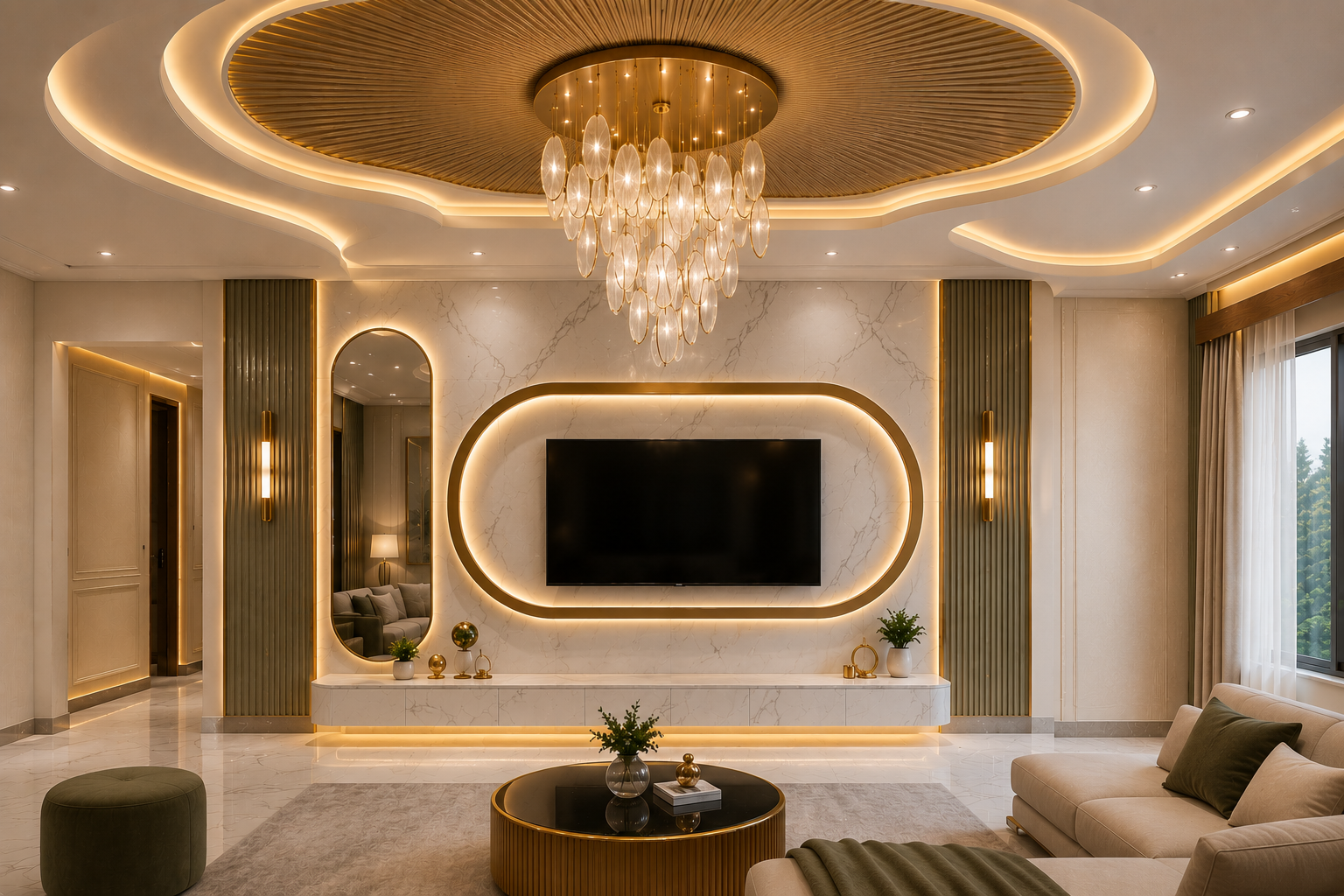 Living space with sculptural ceiling and marble television wall