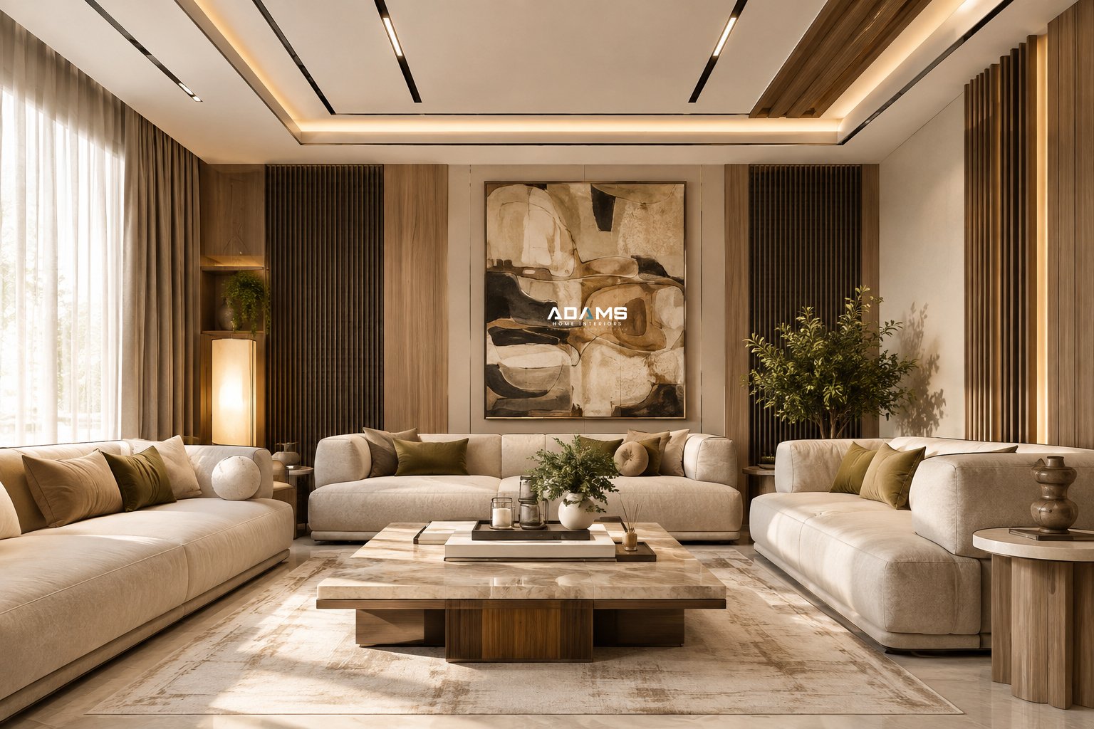 Elegant living room with cream sofas and wood panelling